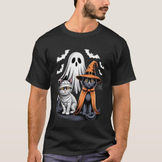 Spooky Ghost Cats Mummy Pumpkin Cute Black Cat Hal T-Shirt