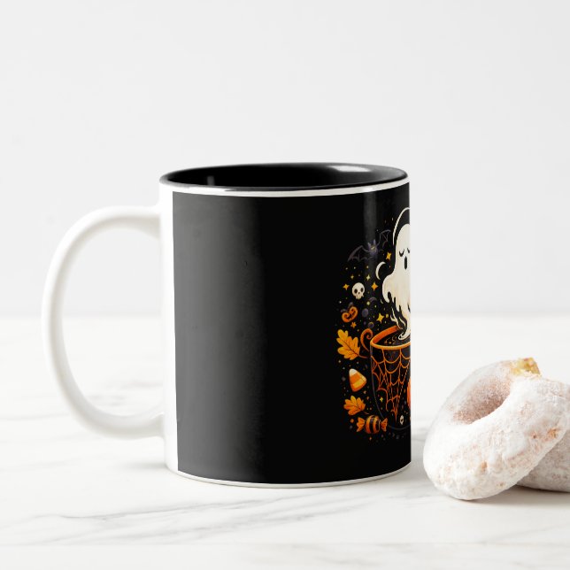 Spooky Ghost Coffee Mug – Halloween Drinkware (With Donut)