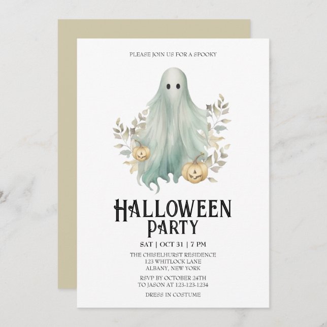 Spooky Ghost Costume Mint Halloween Party Invitation (Front/Back)