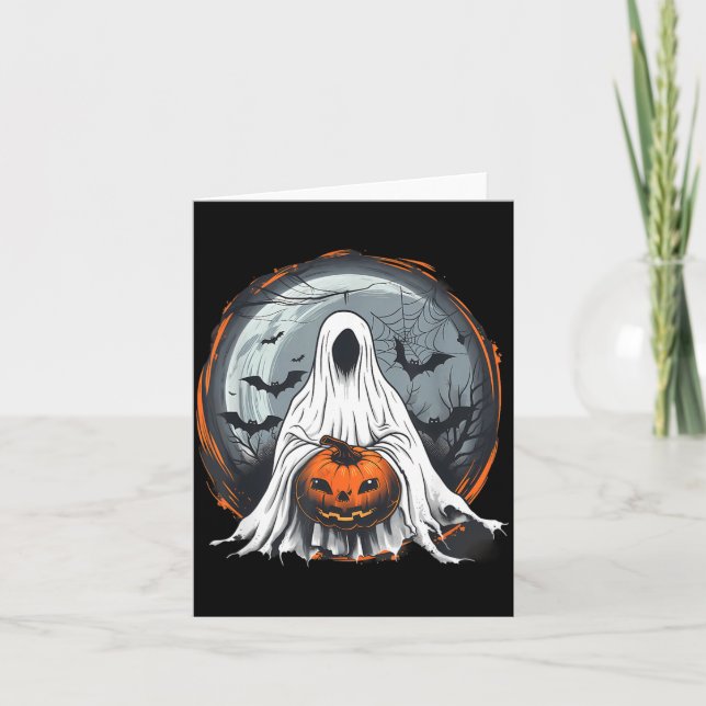 Spooky Ghost Costume Pumpkin Bats Spider Web Card (Front)