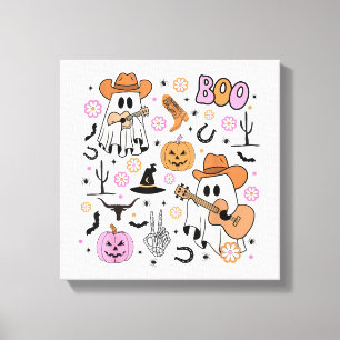 Spooky Ghost Cowboy Cute Halloween Boo Western Ret Canvas Print