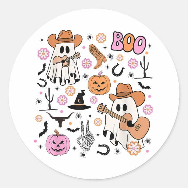 Spooky Ghost Cowboy Cute Halloween Boo Western Ret Classic Round Sticker (Front)