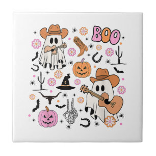 Spooky Ghost Cowboy Cute Halloween Boo Western Ret Tile