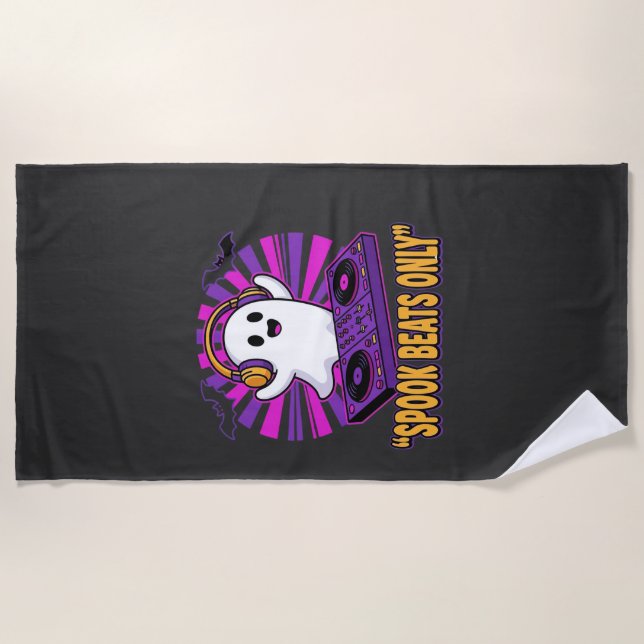 Spooky Ghost DJ Halloween Beats Design_1 Beach Towel (Front)