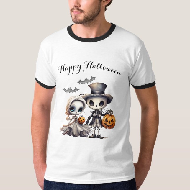 Spooky Ghost Doll and Skeleton Halloween T-Shirt (Front)