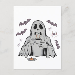 Spooky Ghost Drinking Coffee Caffeine Halloween Announcement Postcard