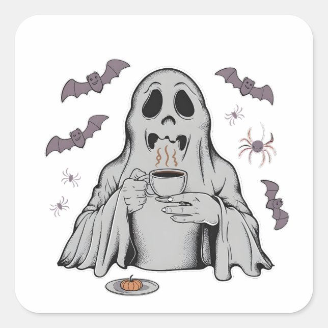 Spooky Ghost Drinking Coffee Caffeine Halloween  Square Sticker (Front)
