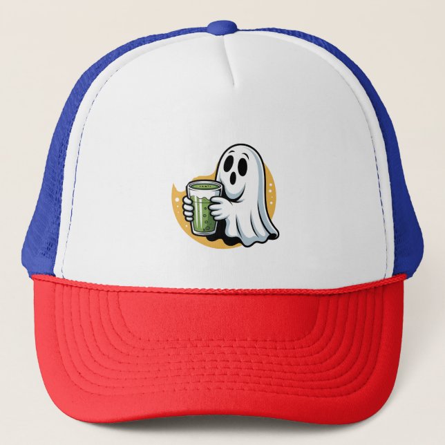 Spooky Ghost Drinking Matcha Halloween  Trucker Hat (Front)