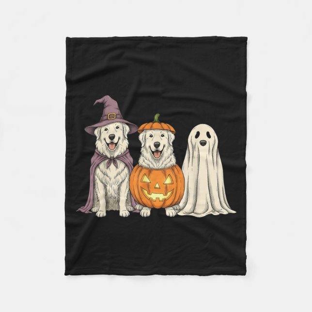 Spooky Ghost Great Pyrenees Pumpkin Halloween Dog Fleece Blanket (Front)