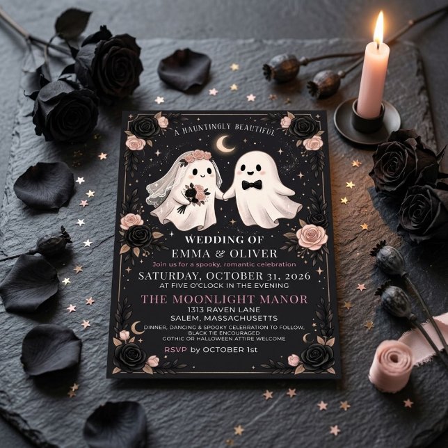 Spooky Ghost Halloween Dark Floral Wedding  Invitation (Creator Uploaded)