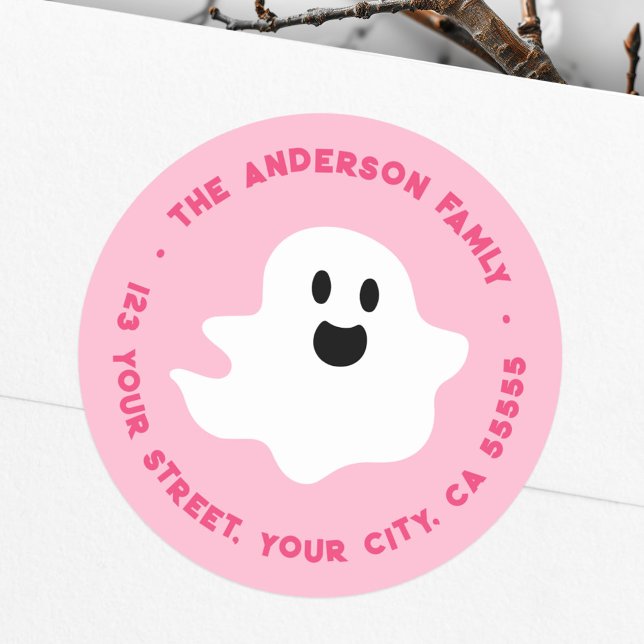 Spooky ghost Halloween pink return address Classic Round Sticker (Spooky ghost Halloween pink return address Classic Round Sticker)