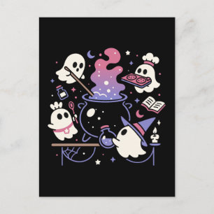 Spooky Ghost Halloween Witch Cauldron Holiday Postcard