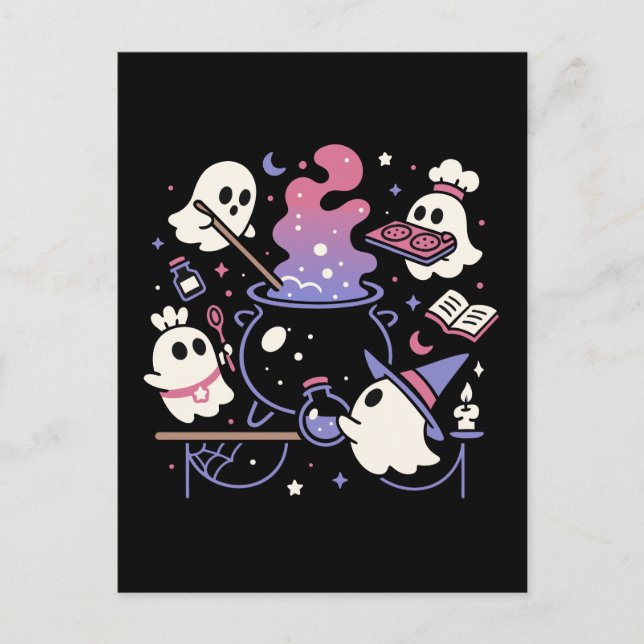 Spooky Ghost Halloween Witch Cauldron Holiday Postcard (Front)