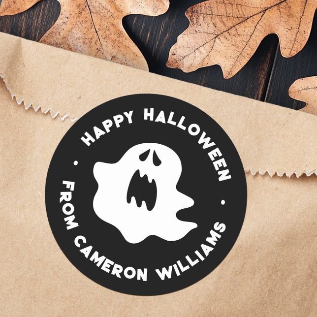 Spooky ghost Happy Halloween greeting Classic Round Sticker (Spooky ghost Happy Halloween greeting Classic Round Sticker)