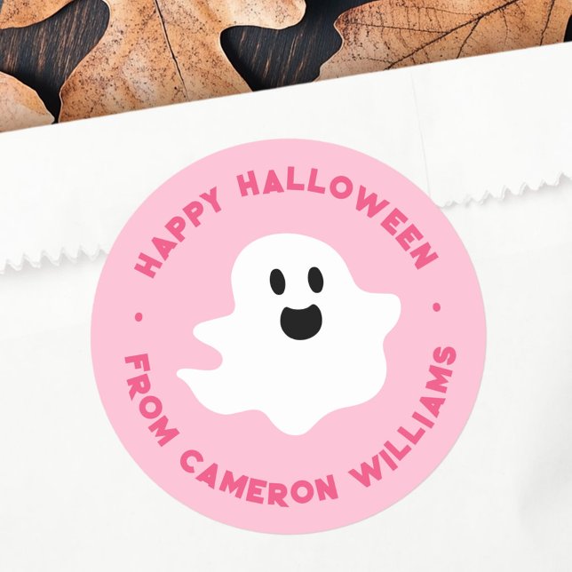 Spooky ghost Happy Halloween greeting pink Classic Round Sticker (Spooky ghost Happy Halloween greeting pink Classic Round Sticker)