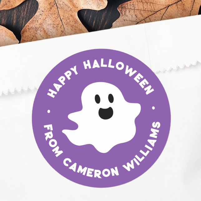 Spooky ghost Happy Halloween greeting purple Classic Round Sticker (Spooky ghost Happy Halloween greeting purple Classic Round Sticker)