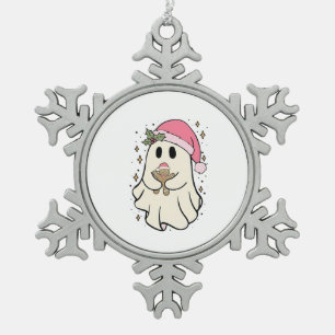 Spooky Ghost Holding a Gingerbread Christmas Snowflake Pewter Christmas Ornament