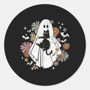 Spooky Ghost Holding Black Cat Groovy Floral Classic Round Sticker