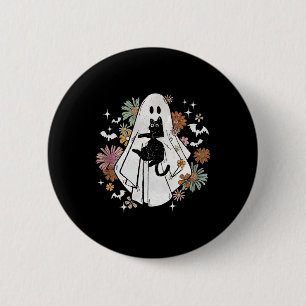 Spooky Ghost Holding Black Cat Groovy Floral Hallo 6 Cm Round Badge