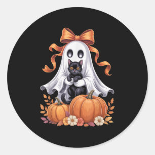 Spooky Ghost Holding Black Cat Groovy Floral Hallo Classic Round Sticker