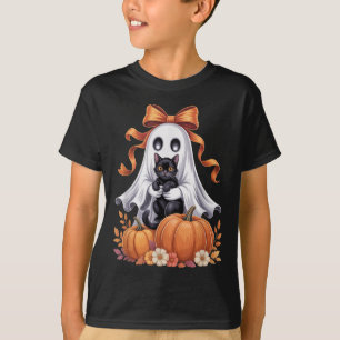 Spooky Ghost Holding Black Cat Groovy Floral Hallo T-Shirt