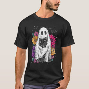 Spooky Ghost Holding Black Cat Groovy Floral Hallo T-Shirt
