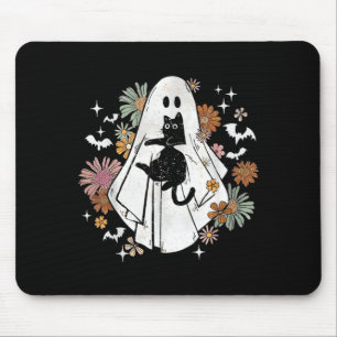 Spooky Ghost Holding Black Cat Groovy Floral Mouse Pad