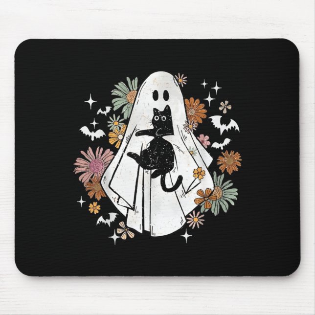 Spooky Ghost Holding Black Cat Groovy Floral Mouse Pad (Front)
