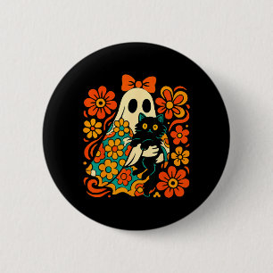 Spooky Ghost Holding Black Cat Groovy Floral Retro 6 Cm Round Badge
