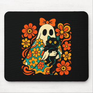 Spooky Ghost Holding Black Cat Groovy Floral Retro Mouse Pad