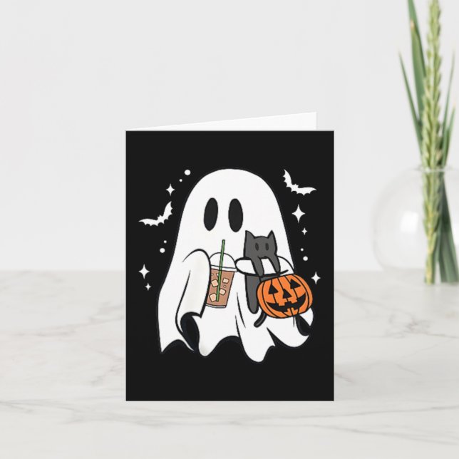Spooky Ghost Holding Black Cat Halloween Ice Card (Front)
