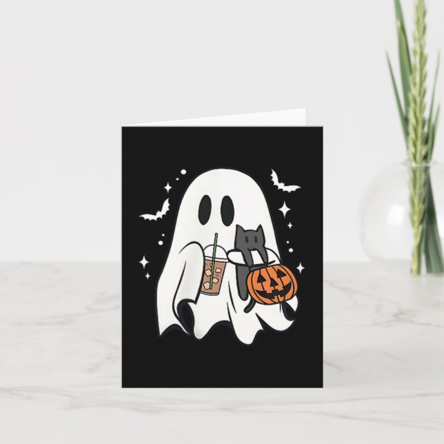 Spooky Ghost Holding Black Cat Halloween Ice Coffe Card (Front)