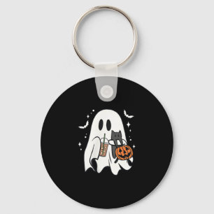 Spooky Ghost Holding Black Cat Halloween Ice Coffe Key Ring