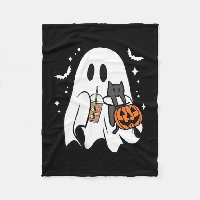 Spooky Ghost Holding Black Cat Halloween Ice Fleece Blanket (Front)