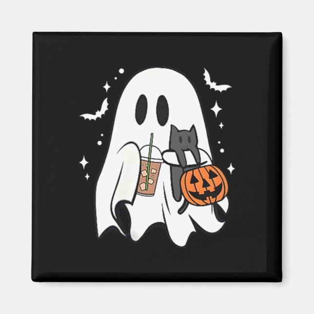 Spooky Ghost Holding Black Cat Halloween Ice Magnet (Front)