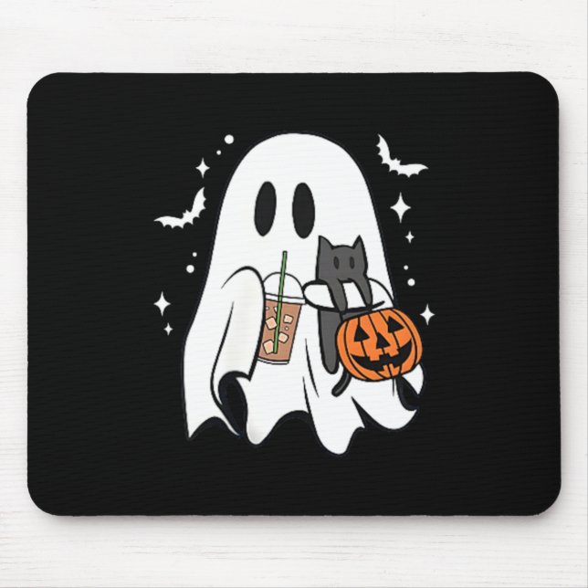 Spooky Ghost Holding Black Cat Halloween Ice Mouse Pad (Front)