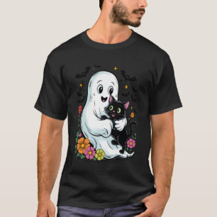 Spooky Ghost Holding Funny Black Cat Halloween Gro T-Shirt