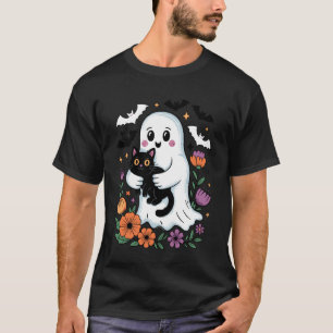 Spooky Ghost Holding Funny Black Cat Halloween Gro T-Shirt