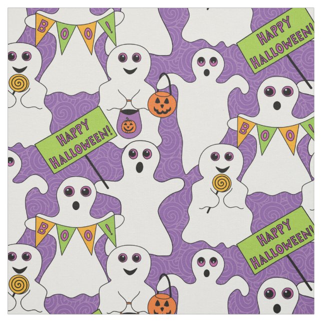 Spooky Ghost on Purple Halloween Pattern Fabric (Swatch)