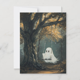 Spooky Ghost on Swing Autumn Halloween Postcard