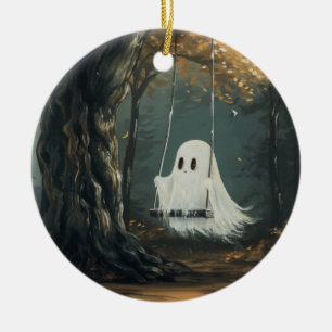 Spooky Ghost on Swing Halloween Autumn Forest Ceramic Tree Decoration