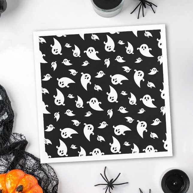 Spooky Ghost Pattern On Black Decorative Halloween Napkin (Creator Uploaded)