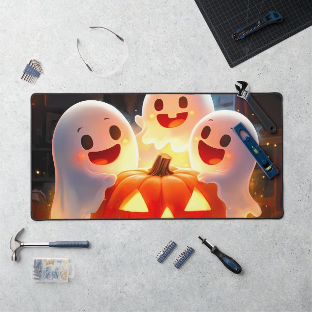 Spooky Ghost Pumpkin Party Glow Desk Mat (Workstation)