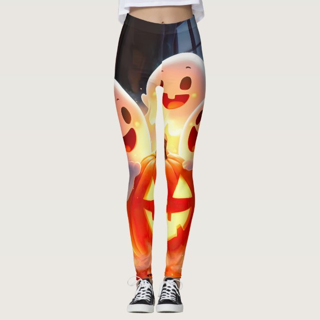 Spooky Ghost Pumpkin Party Glow Leggings (Front)