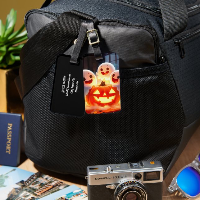 Spooky Ghost Pumpkin Party Glow Luggage Tag (Front & Back)