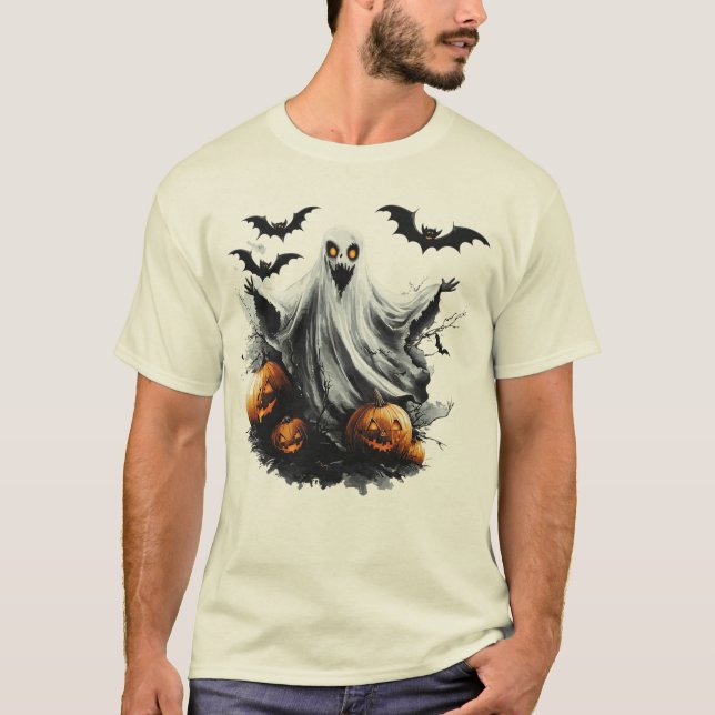 Spooky Ghost & Pumpkins Halloween T-Shirt | Fun  (Front)