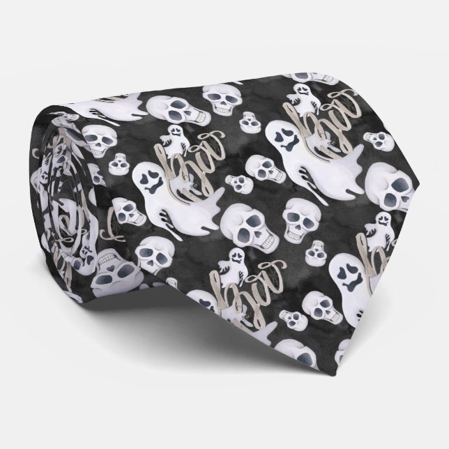 spooky ghost skulls Halloween tiled pattern Tie (Rolled)