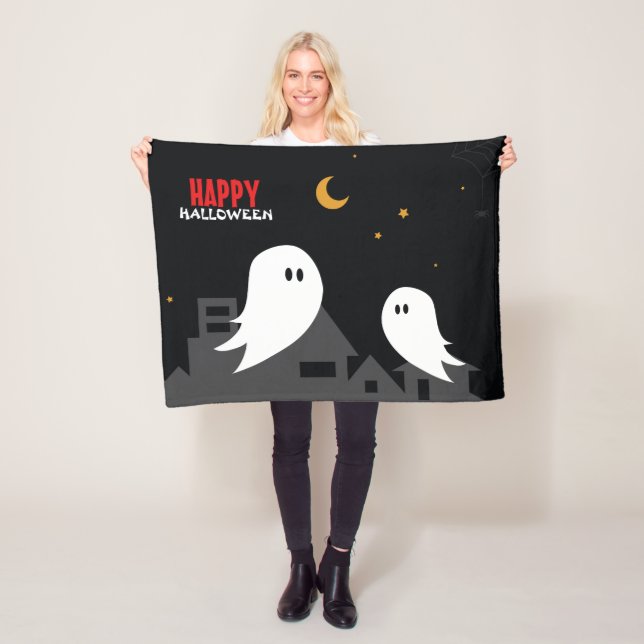 Spooky ghost town halloween cartoon fleece blanket (In Situ)