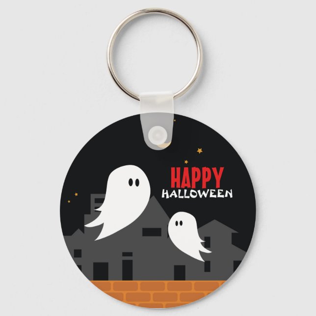 Spooky ghost town halloween cartoon key ring (Front)