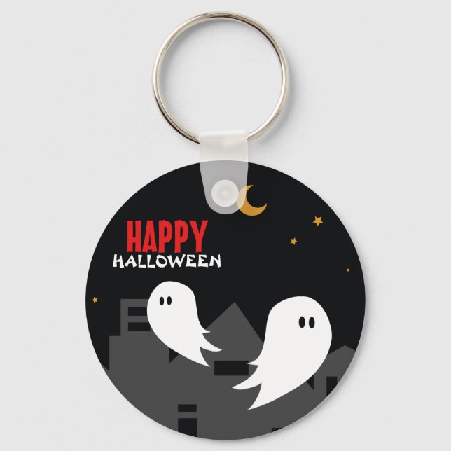 Spooky ghost town halloween cartoon  key ring (Front)